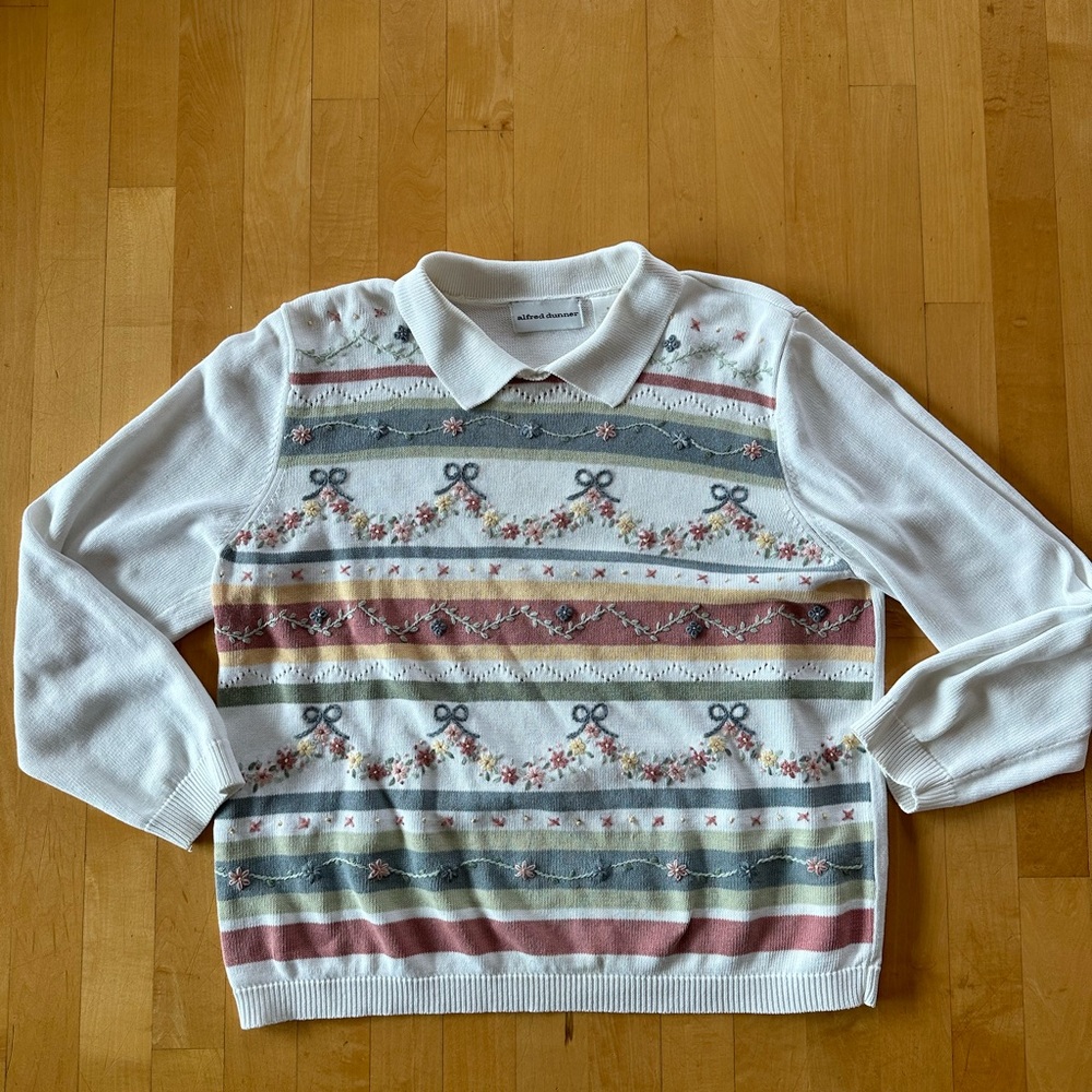 Alfred Dunner Cream Collared Sweater with Floral Accents